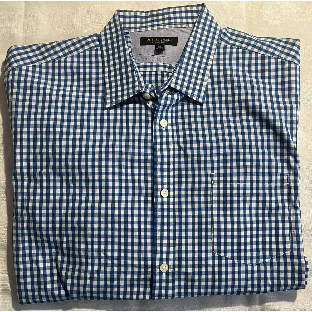 Banana Republic Soft Wash Slim Fit XL Blue White Checker Button Up Shirt